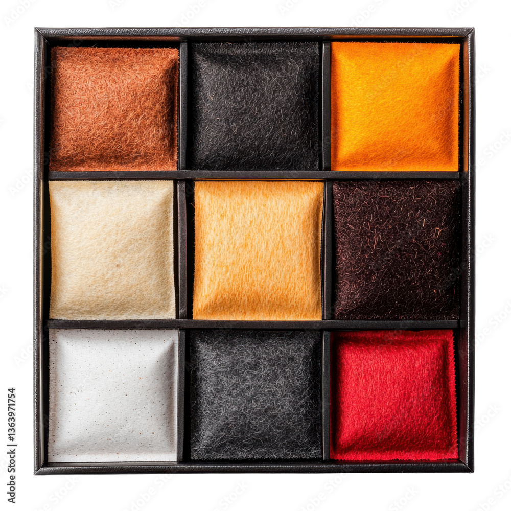 Fototapeta premium A colorful arrangement of teas in square boxes with vibrant textures and colors to inspire tea brewing.