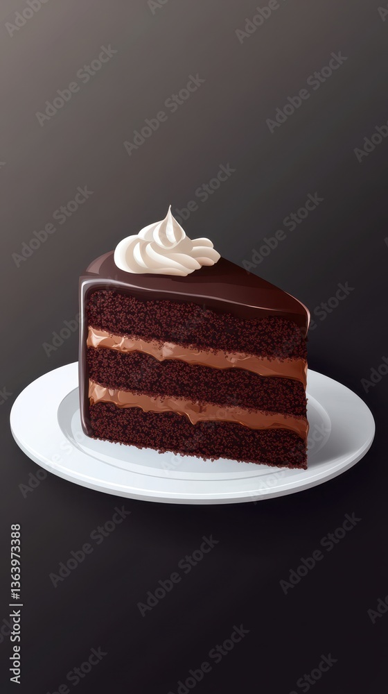 A slice of chocolate cake with whipped cream frosting sits on a white plate against a dark background A slice of chocolate cake with whipped cream frosting sits on a white plate against a dark background
