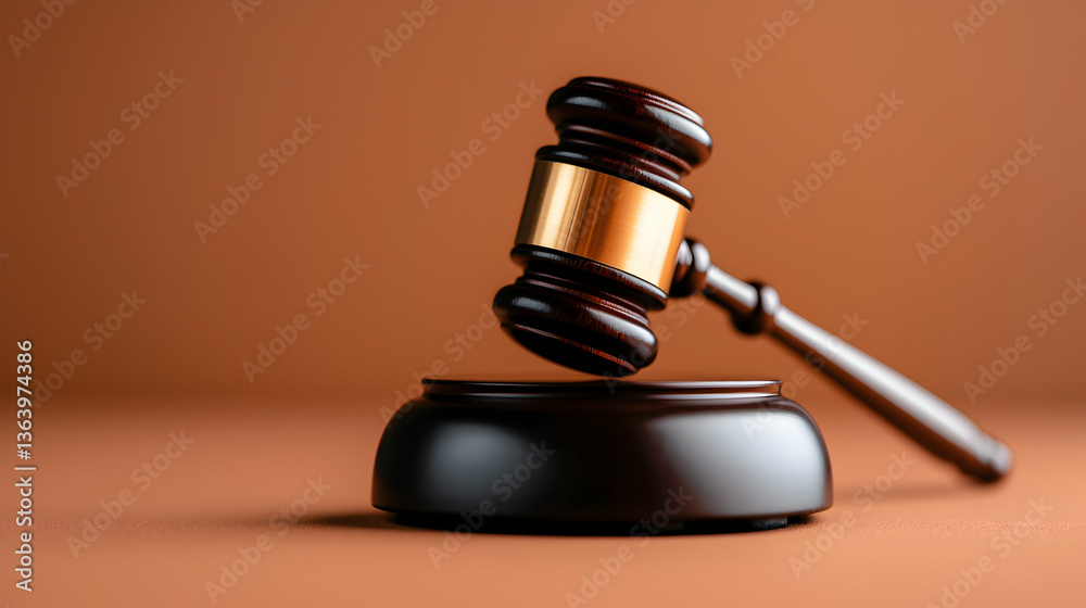 Dark Brown Wooden Gavel on Sound Block Against Brown Background Dark Brown Wooden Gavel on Sound Block Against Brown Background
