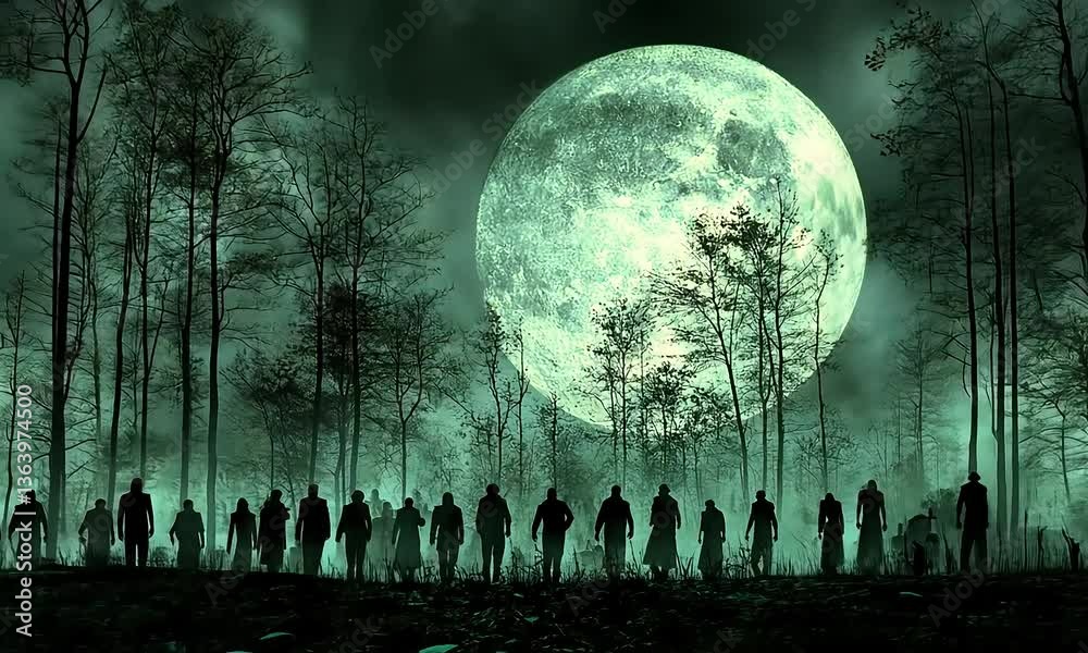 Nightmarish horde of undead under a full moon