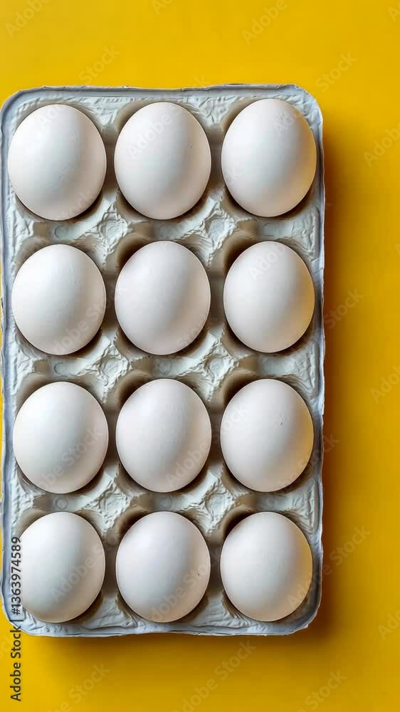 Fresh eggs arranged neatly in a carton on a vibrant yellow background in a well-lit kitchen setting Fresh eggs arranged neatly in a carton on a vibrant yellow background in a well-lit kitchen setting