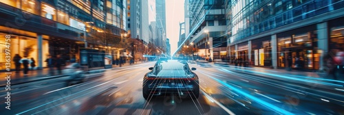 Self-Driving Autonomous Car Driving Through City Street. Concept for future transportation, autopilot, smart city, and innovation.