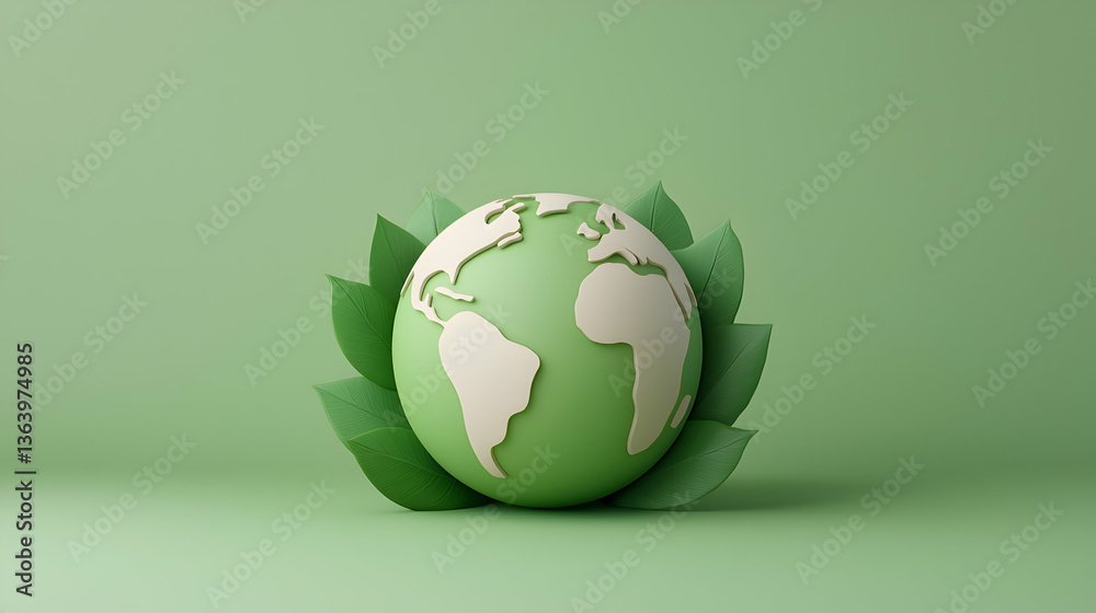 Green Earth Globe Surrounded by Leaves on Green Background Green Earth Globe Surrounded by Leaves on Green Background