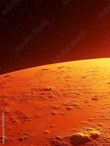 An orange planet surface with visible craters and a starry sky above