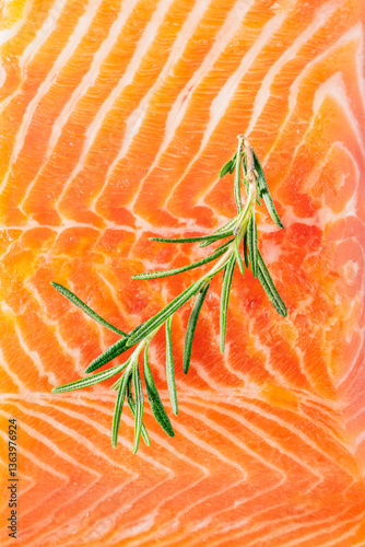 Fresh salmon fillet with natural marbling and sprig of rosemary on vibrant orange background