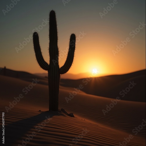 Cactus silhouette at sunset in a serene desert landscape. photo