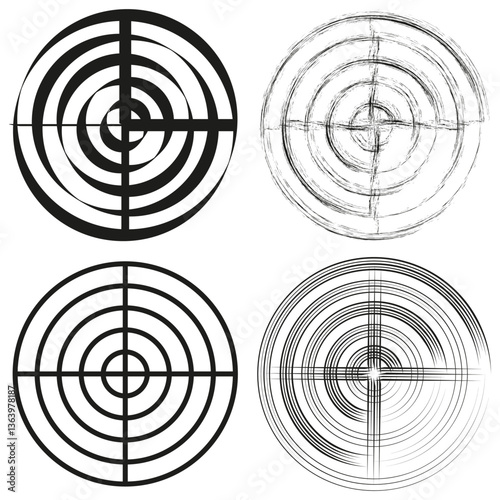 Target icons. Circular concentric symbols. Grunge black patterns. Vector shooting aims.