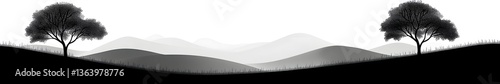 Serene Mountain Vista: A minimalist monochromatic landscape showcases rolling hills and stylized trees, evoking a sense of tranquility and timeless beauty. 