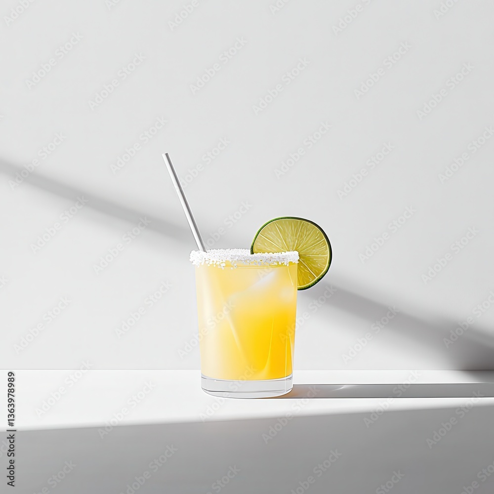 Fototapeta premium Fresh and Vibrant Citrus Beverage with Lime Slice and Straw on Minimalist Background Perfect for Summer Refreshment and Cocktail Inspiration