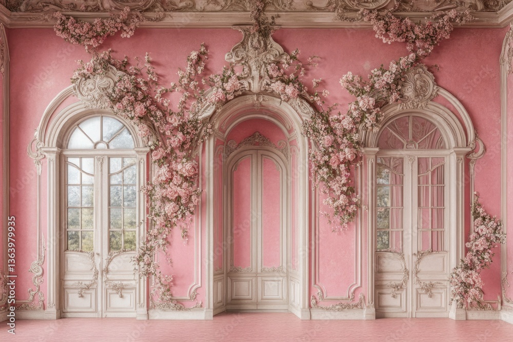 Naklejka premium Elegant pink floral adorned interior with doors and decorative architectural elements