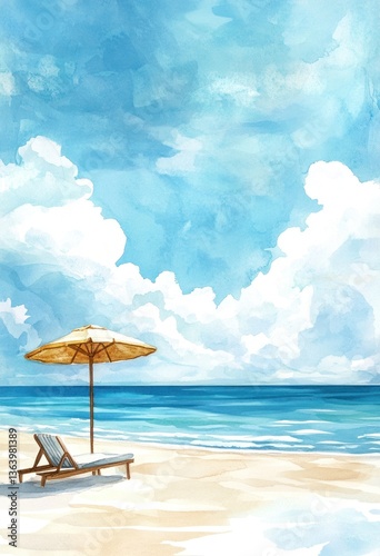 A Watercolor Painting Depicts A Peaceful Beach Scene