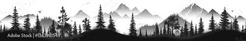 Panoramic Forest and Mountain Silhouette: A captivating black and white illustration that captures the majestic beauty of a serene forest and imposing mountains, perfect for artistic endeavors. 