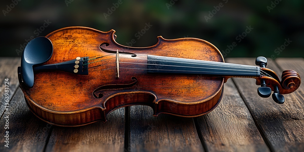 Fototapeta premium Classic Violin on Wood: A beautifully crafted violin rests on a weathered wooden surface, the warm tones of the instrument contrasting with the rough texture of the wood, evoking a sense of history.