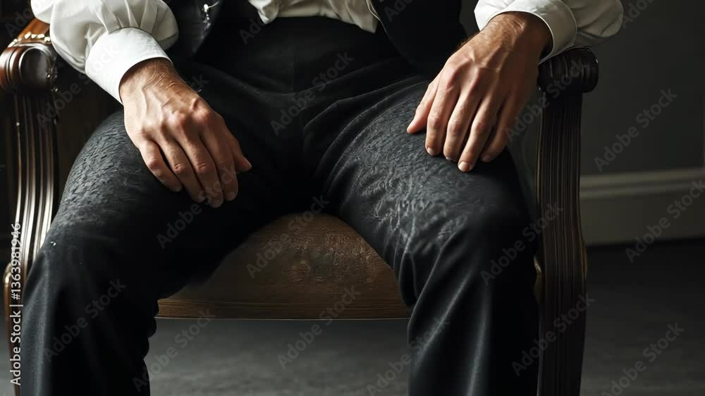 Man sitting in an elegant chair wearing formal attire with a focused expression in a refined indoor setting Man sitting in an elegant chair wearing formal attire with a focused expression in a refined indoor setting