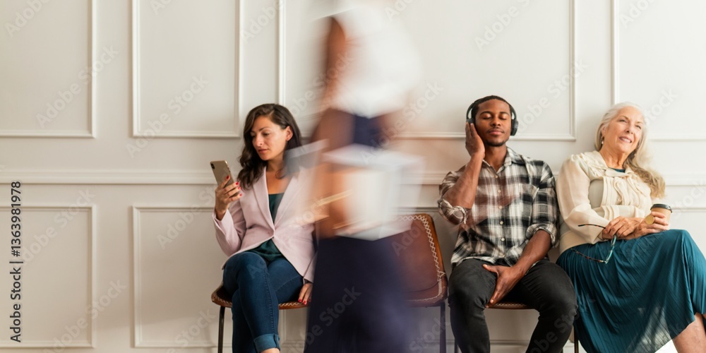 Fototapeta premium People sitting in a waiting room. A woman with a phone, a man with headphones, and an older woman smiling. Casual, relaxed atmosphere in a modern setting. Diverse people sitting in a waiting room.