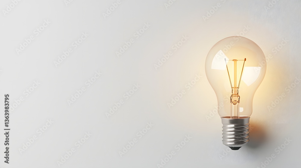 Detailed rendering of a luminous light bulb with a warm glowing filament on a clean white background offering ample space for text placement in a modern and sleek design