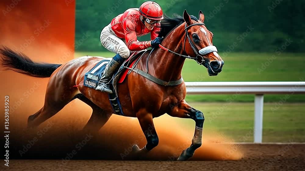 Racehorse and Jockey in Full Gallop on Dirt Track