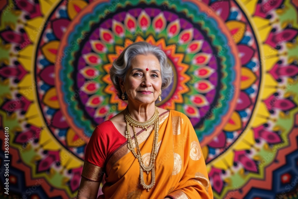 Naklejka premium An elegant elderly South Asian woman in a traditional orange saree adorned with intricate gold jewelry, standing proudly against a vibrant mandala-patterned background.