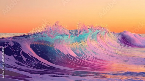A vibrant ocean wave with colorful shades of pink blue and purple during the sunset