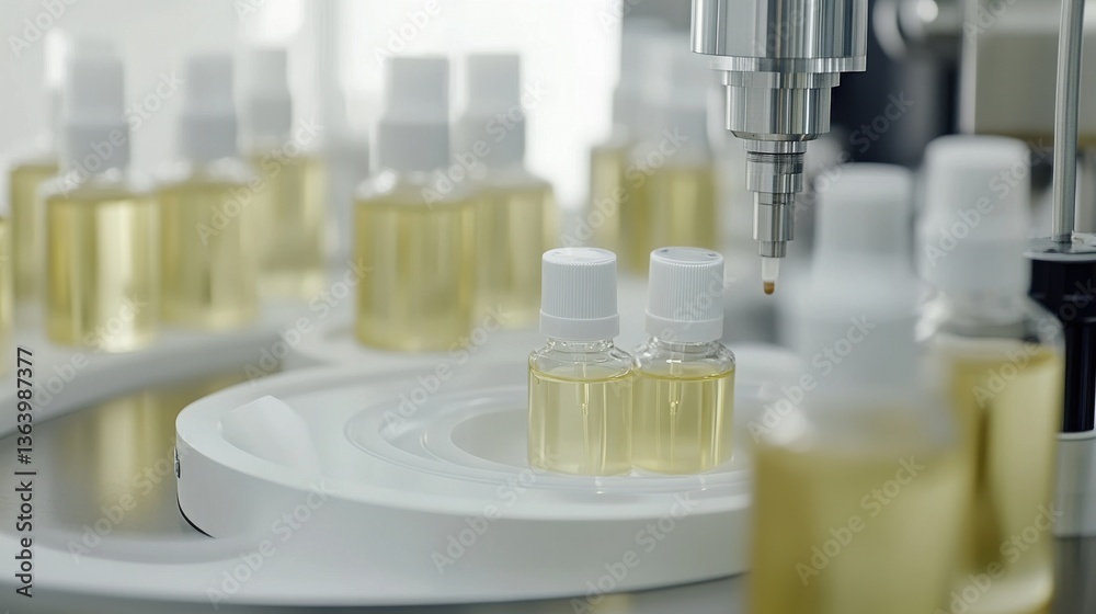 Laboratory Process of Filling Small Bottles with Liquid Product Laboratory Process of Filling Small Bottles with Liquid Product