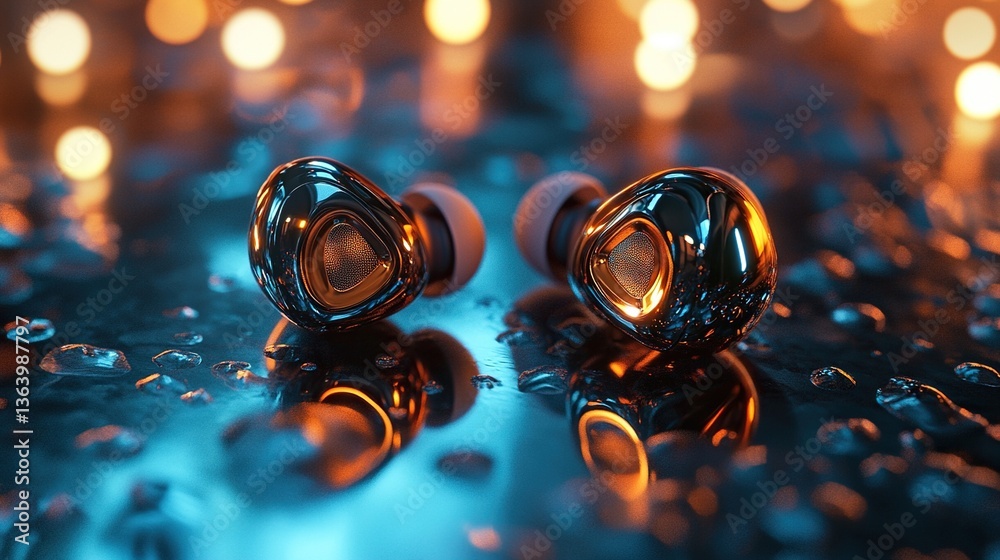 Sleek metallic earbuds reflected on a wet surface with bokeh lights. Sleek metallic earbuds reflected on a wet surface with bokeh lights.