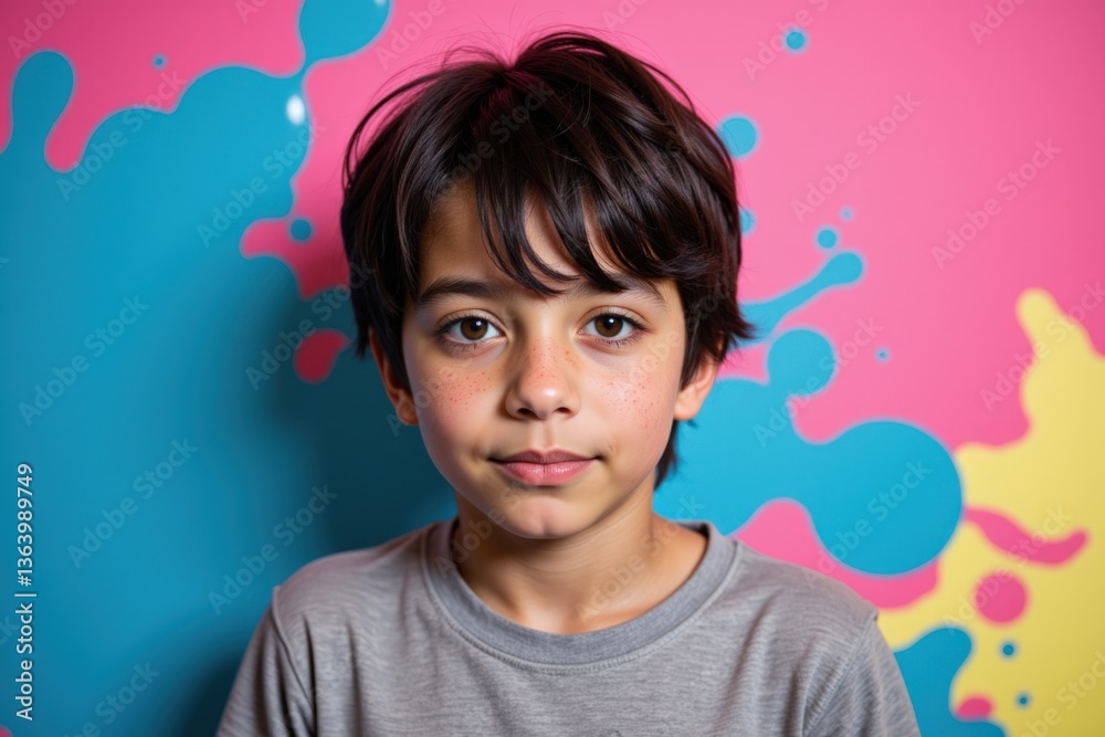 A Portrait of a Young Boy, Approximately 10 Years Old, with Dark Hair and a Soft Expression, Set Against a Vibrant Colorful Background of Blue and Pink Patterns A Portrait of a Young Boy, Approximately 10 Years Old, with Dark Hair and a Soft Expression, Set Against a Vibrant Colorful Background of Blue and Pink Patterns