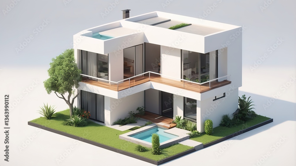 A small modern minimalist house isometric perspective, 3D model miniature A small modern minimalist house isometric perspective, 3D model miniature