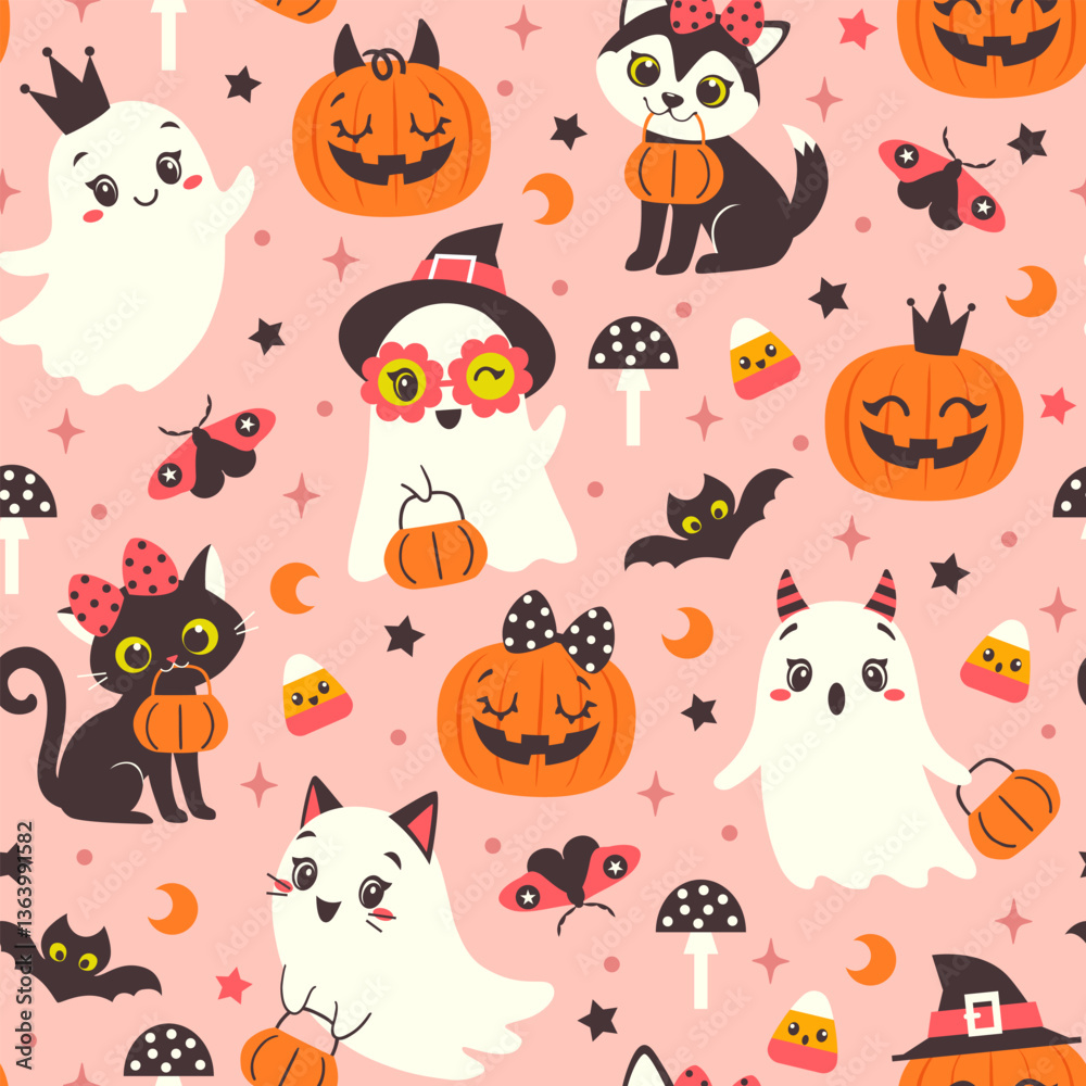 Naklejka premium Vector seamless pattern of girly Halloween characters in cute cartoon style on pink background. Cute Halloween ghosts, pumpkins, black cat and dog pattern for packaging, wrapper paper, print