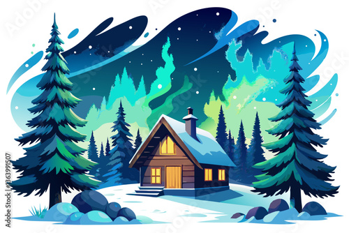 A winter illustration featuring a cozy cabin nestled between pine trees under a vibrant aurora borealis.