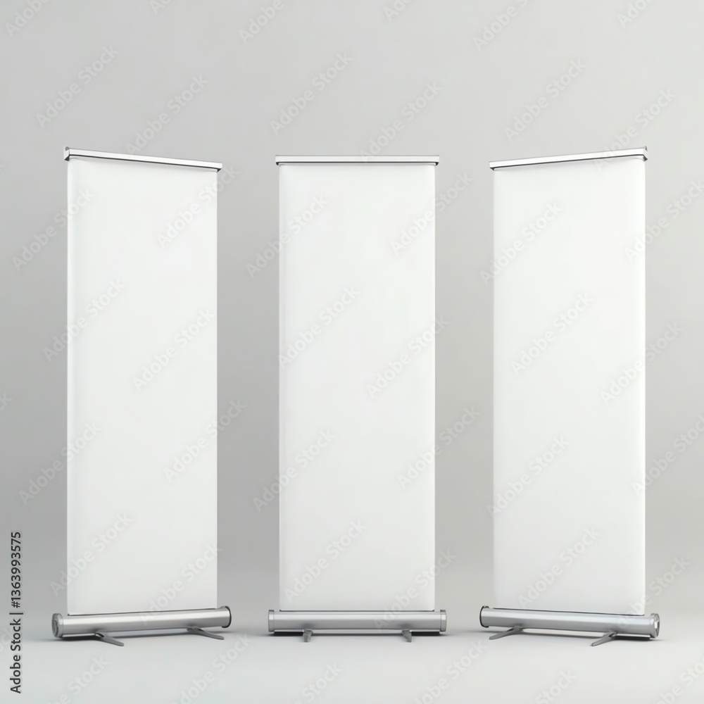 Three blank roll-up banners ready for display in any event. Three blank roll-up banners ready for display in any event.