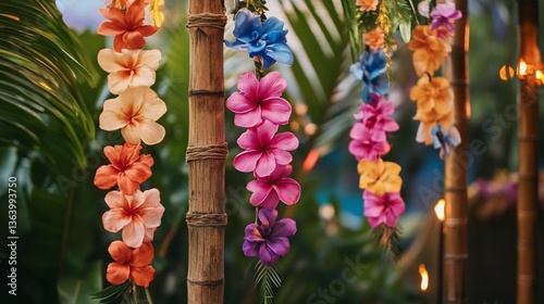 Tropical floral decoration featuring colorful hibiscus garlands on bamboo poles