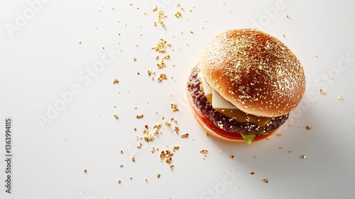 Delicious gourmet burger with gold leaf toppings on a white background