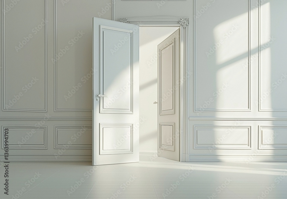 Fototapeta premium Ajar white door leading to a luminous and serene space symbolizing hope and new chapter
