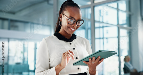 Tapeta Online, smile and woman with tablet, browsing and happy for traffic on website and SEO manager