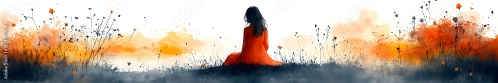 Fototapeta premium Solitude contemplation: A figure in a vibrant red dress, sits, surrounded by a soft, artistic mist that suggests an expansive outdoor setting.