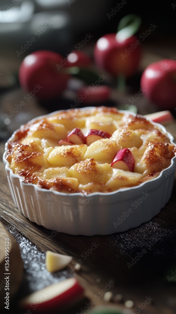 A freshly baked apple crisp sits on a wooden table, surrounded by fresh apples A freshly baked apple crisp sits on a wooden table, surrounded by fresh apples