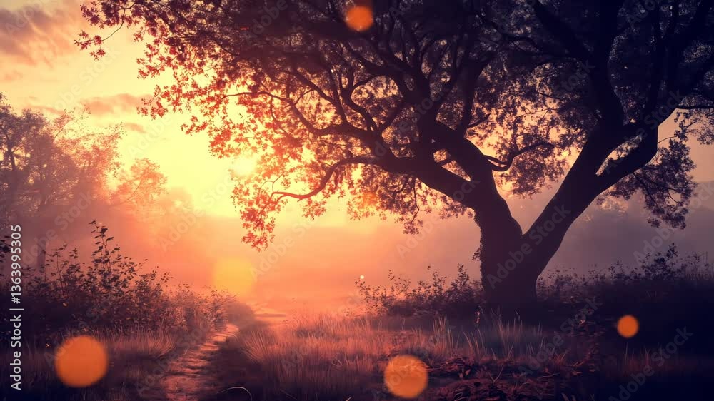 Misty sunrise path through autumnal forest