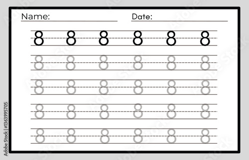 Number tracing practice worksheet with Worksheet for learning numbers. Number training writes and counts numbers. Exercises handwriting practice