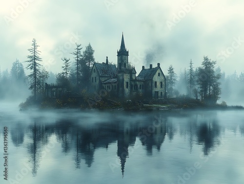 Mystical Lakeside Estate: A gothic-style building with a tall tower stands majestically on an island, surrounded by a misty lake. The scene evokes a sense of mystery and history. 