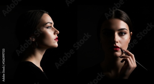 Dramatic Portrait of a Woman with Red Lipstick in Low Key Lighting