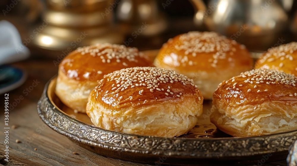 Golden sesame buns on ornate tray. Golden sesame buns on ornate tray.