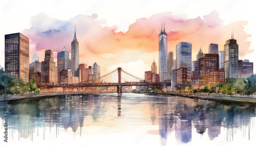 Obraz premium A watercolor painting of the New York City skyline at sunset, featuring bridges over a river and a vibrant, colorful sky