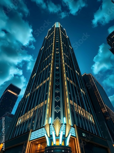Art Deco Skyscraper at Night with Neon Glow