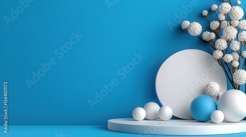 A blue background with white flowers and white and blue balls