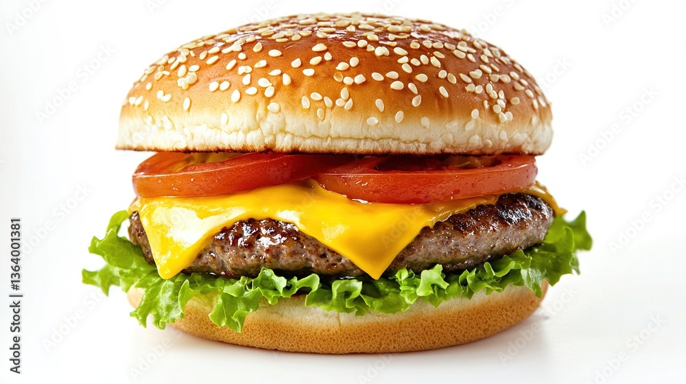 Juicy cheeseburger with sesame bun, lettuce, tomato, and melted cheese. (1) Juicy cheeseburger with sesame bun, lettuce, tomato, and melted cheese. (1)