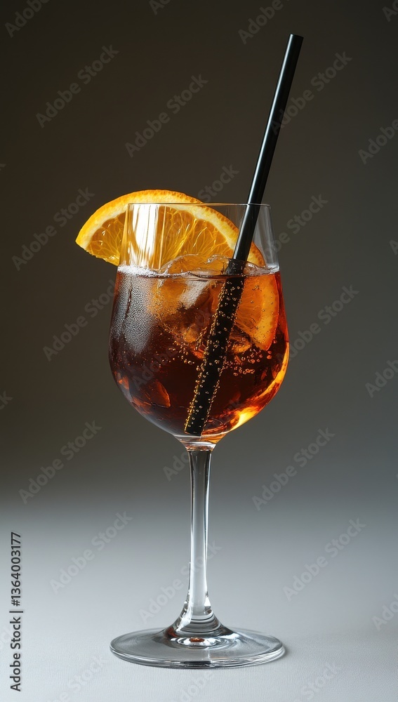 Refreshing beverage in a clear glass with ice, orange slice, and a straw against a dark background showcasing summer vibes and relaxation