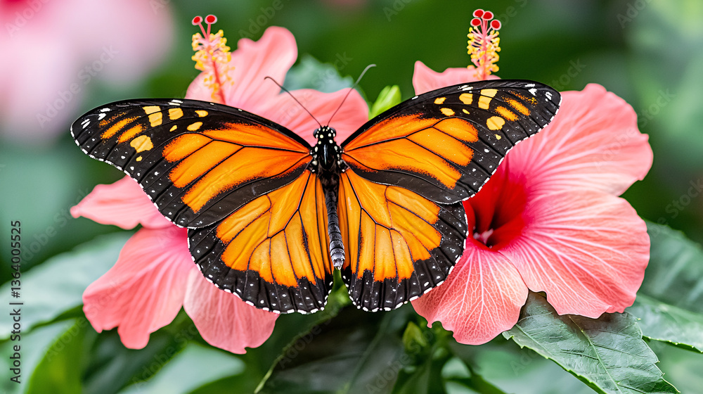 Naklejka premium Monarch Butterfly Resting on a Pink Hibiscus Flower A Colorful Close Up Nature Composition 94 Chars