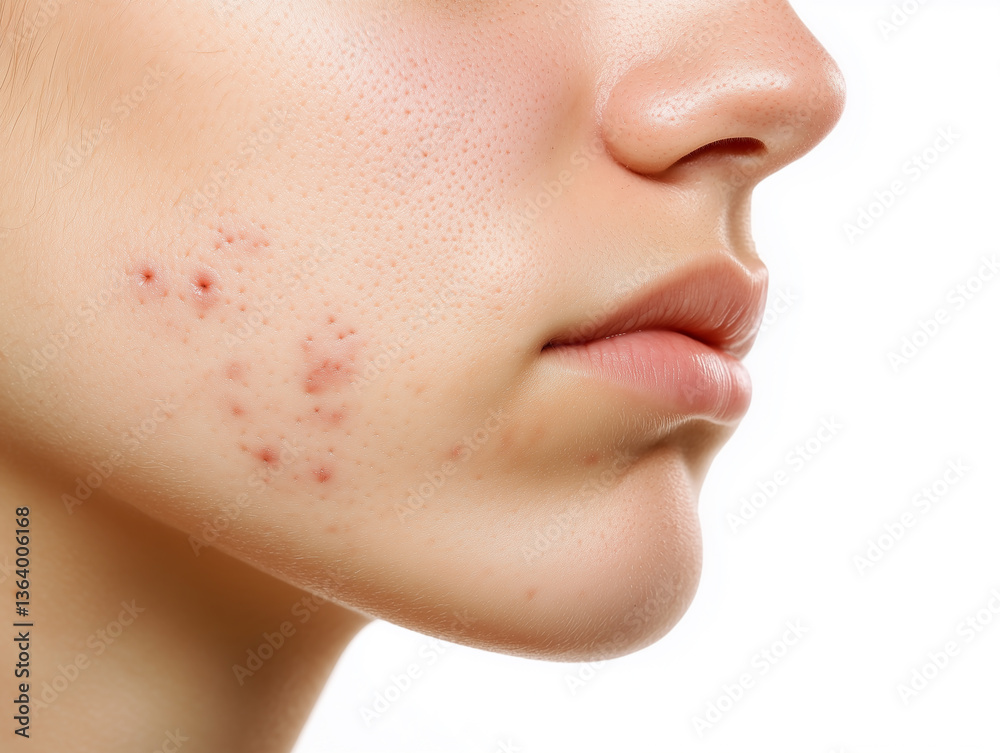 Obraz premium Sad young girl with acne problem on her face. Generative Ai. 