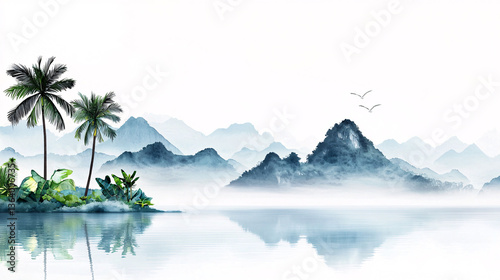 Wallpaper Mural Tranquil Oasis Watercolor Landscape Mountains Reflection Artistic Serenity Tropical Palms Scenery Torontodigital.ca
