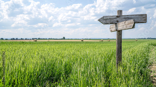 Weathered Wooden Signpost in Rural Field Landscape Guiding Choices and Directions on Sunny Day photo